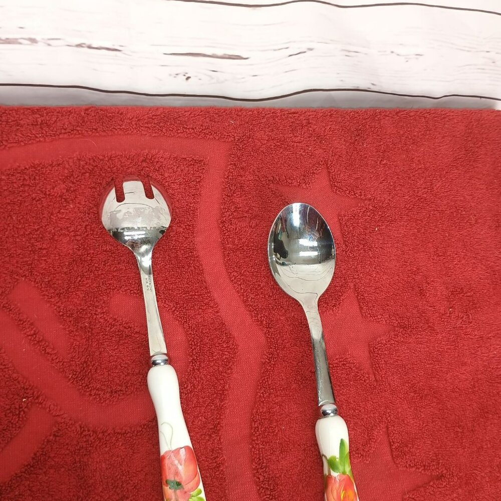 Vietril Lastra Poppy 2-Piece Stainless Steel Salad Serving Set Hand-Painted - Picture 5 of 7